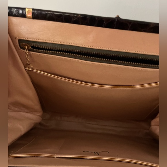 VINTAGE MANON HANDBAG GENUINE ALLIGATOR FRAME BAG DARK BROWN PURSE VTG - Picture 7 of 13